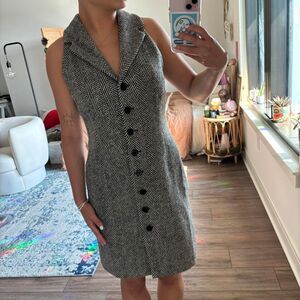 Limited America black and white herringbone sleeveless wool dress with button-up